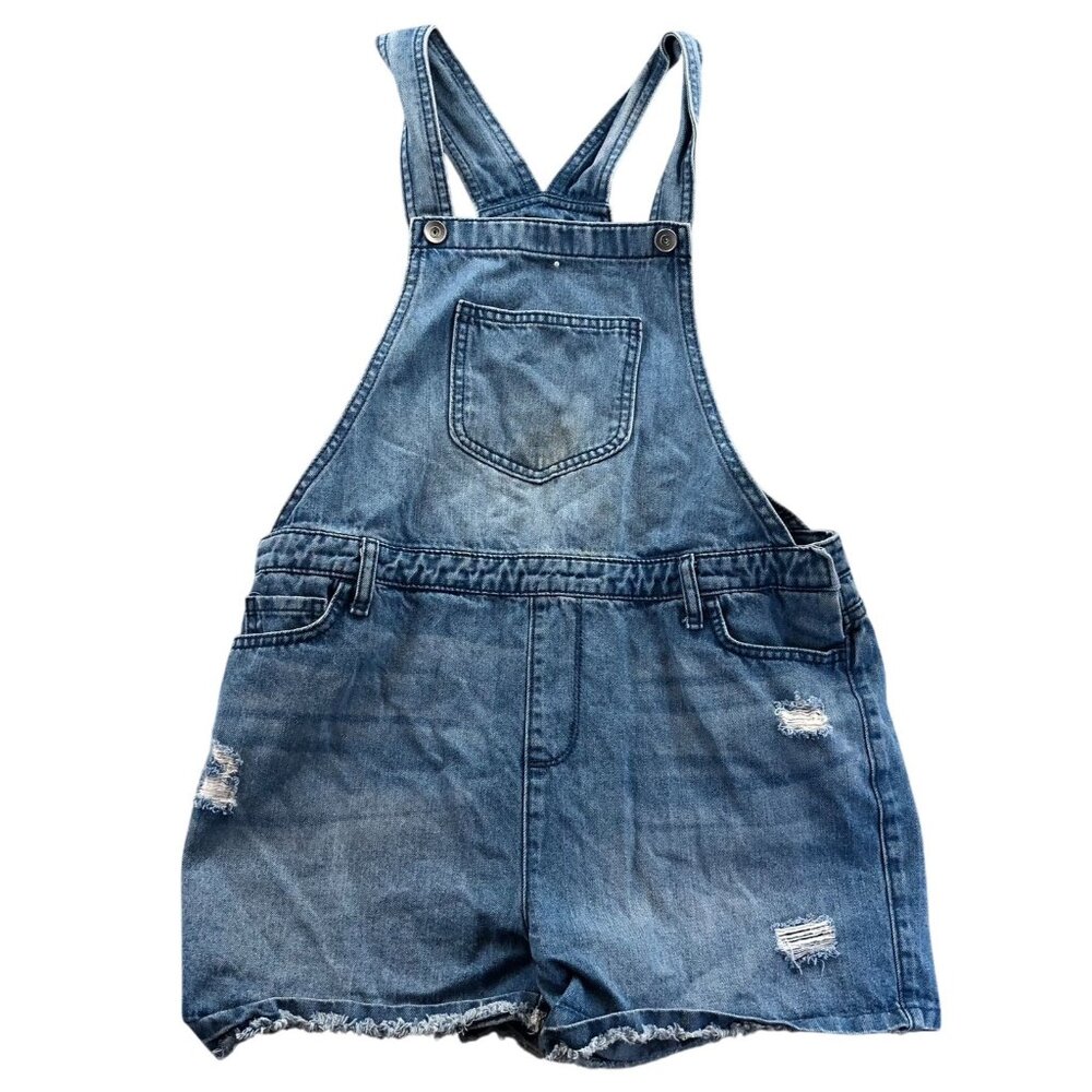 Place Womens Bib Short Overalls Size 16 Blue Denim Distressed Casual Summer Snap